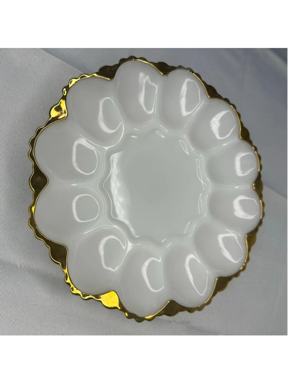 Vintage MCM White Milk Glass Deviled Egg Plate with Gold Rim – 10”